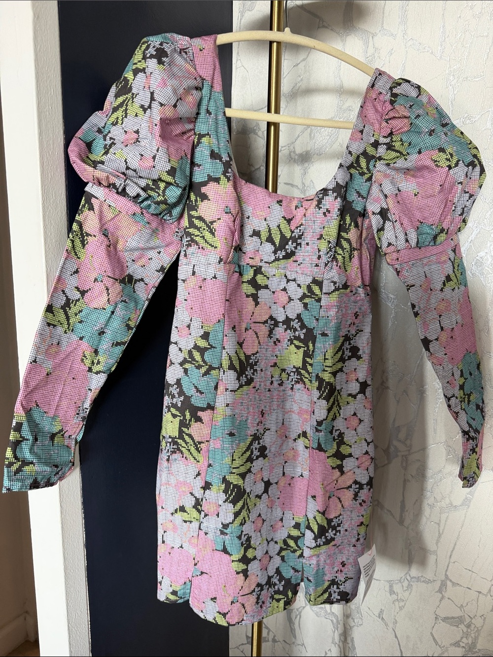 ASOS Pink Floral Mini Dress with Puff Shoulders